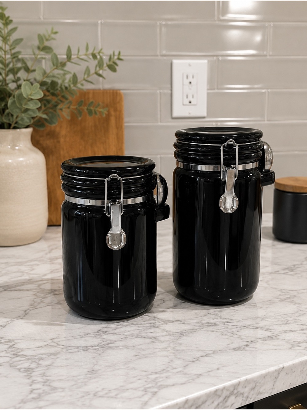 Black Glass Airtight Coffee Canister Set with Clamp Lids for Kitchen Storage